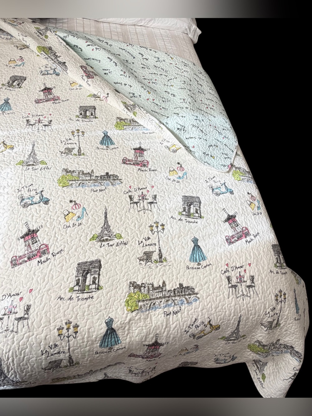 King 3pc Quilt Bedding Set Paris France Parisian Eiffel Tower French Ooh La La